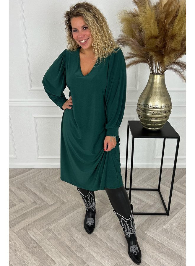 Curvy Balloon Sleeve Dress - Bottle Green