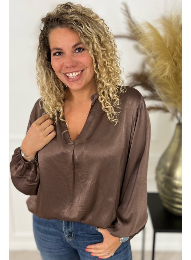 Silk V-Neck Blouse - Brown