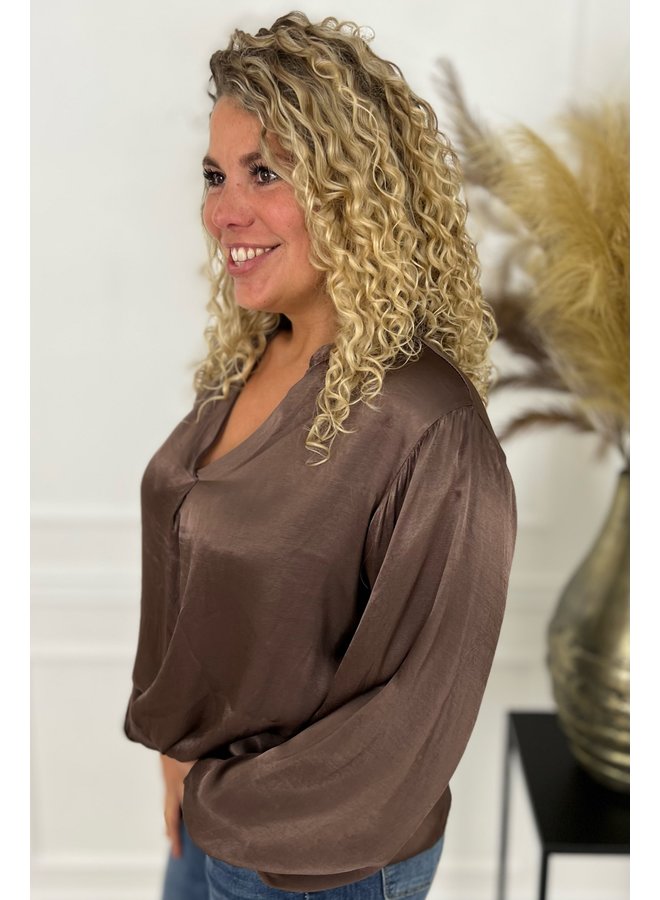 Silk V-Neck Blouse - Brown