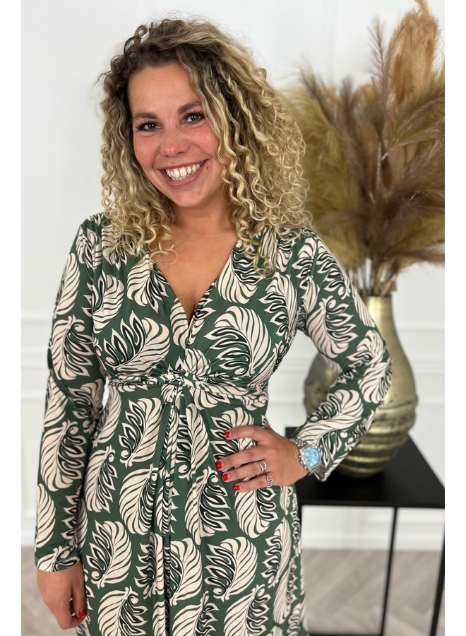 Curvy Knotted Leaves Dress - Olive/Beige/Dark Green