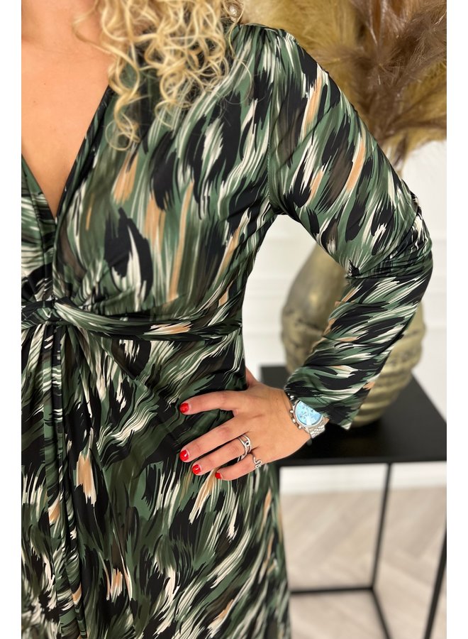 Curvy Knotted Strokes Dress - Army Green/Camel/Black