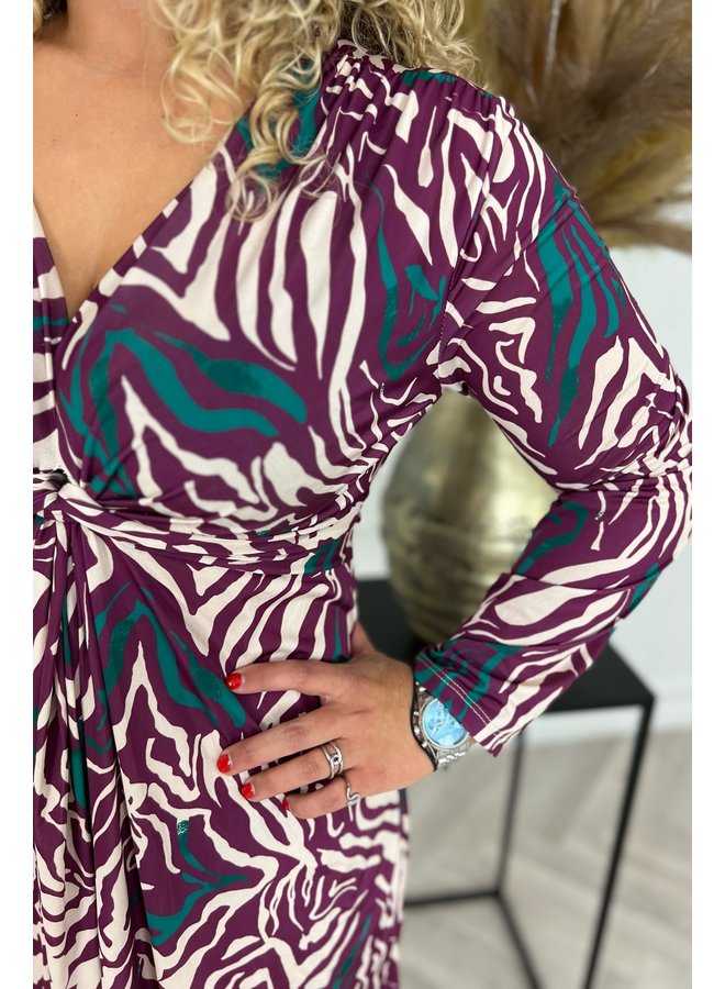 Curvy Knotted Zebra Dress - Beige/Aubergine/Green