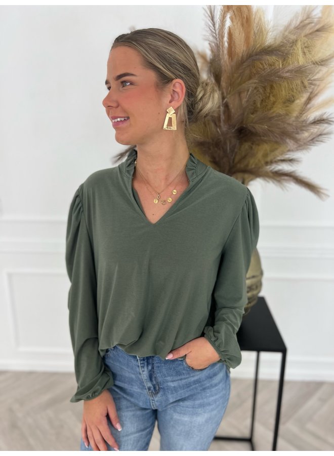 Ruffle Collar Blouse - Armygreen