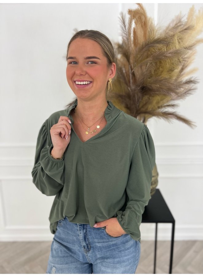 Ruffle Collar Blouse - Armygreen