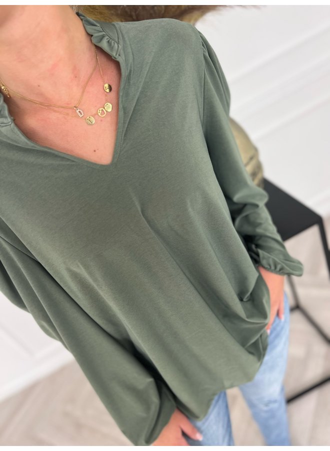 Ruffle Collar Blouse - Armygreen