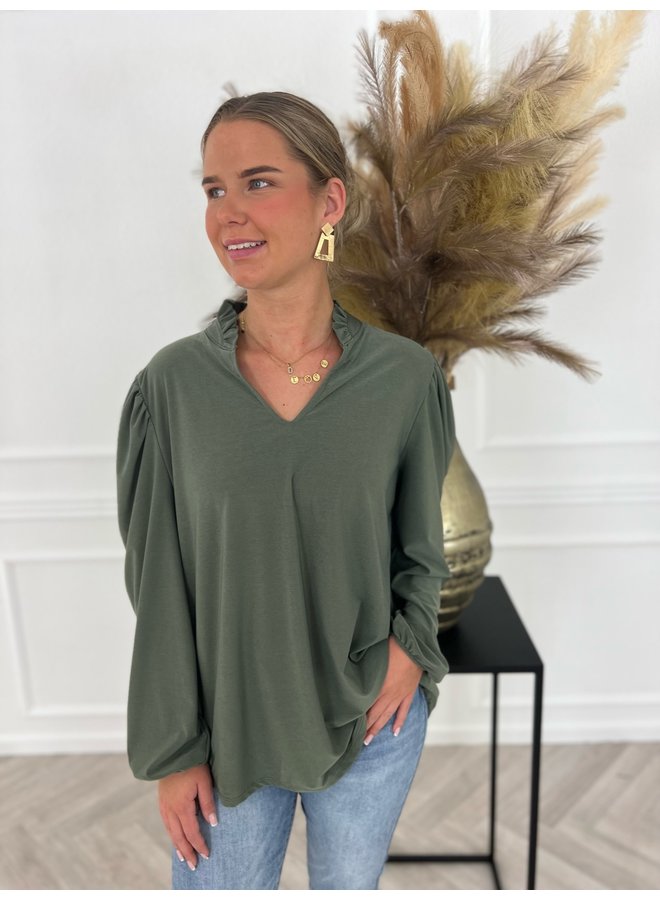 Ruffle Collar Blouse - Armygreen