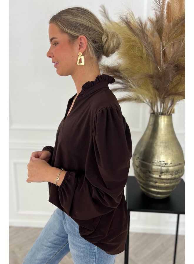 Ruffle Collar Blouse - Dark Brown