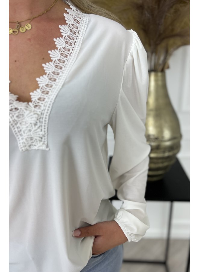 Lace V Neck Blouse - White