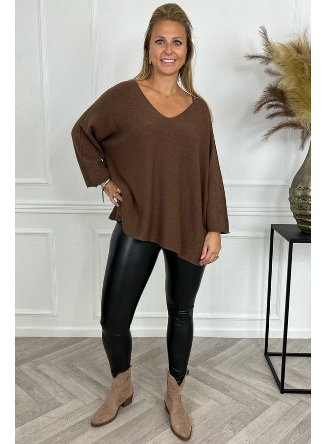 Oversized V Neck Sweater - Brown