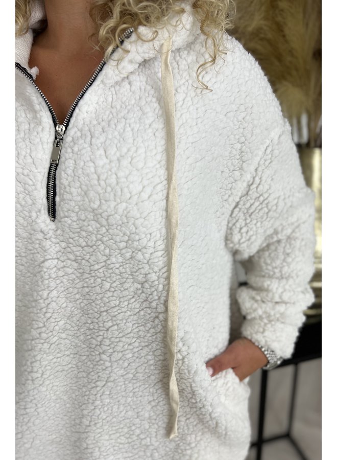 Teddy Hoodie Sweater Dress - White