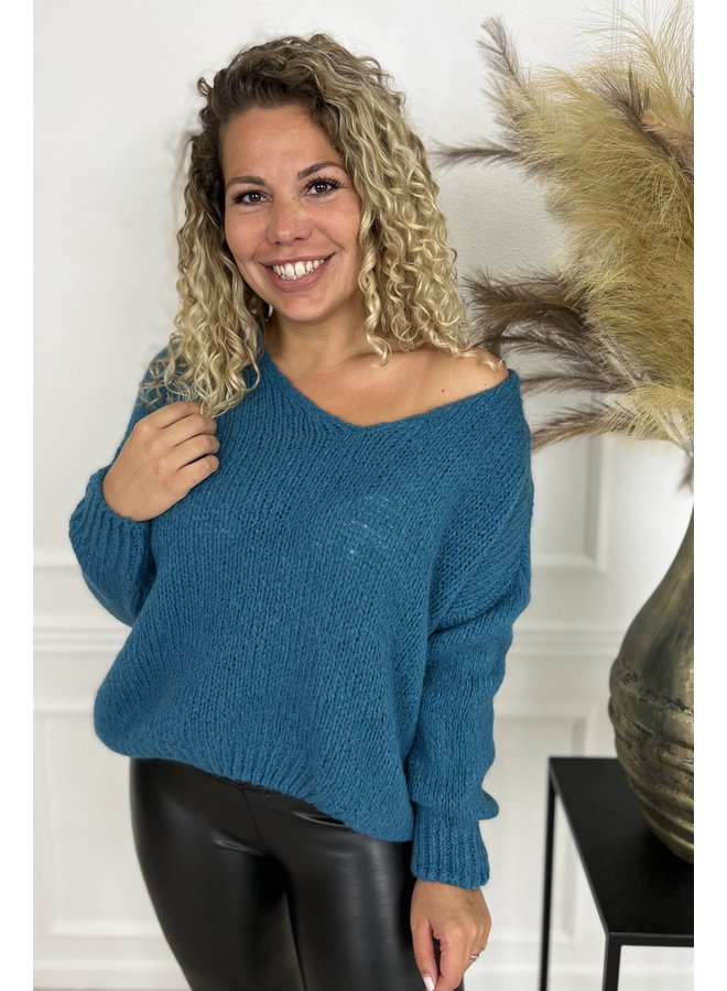 Knitted V Neck Sweater - Petrol