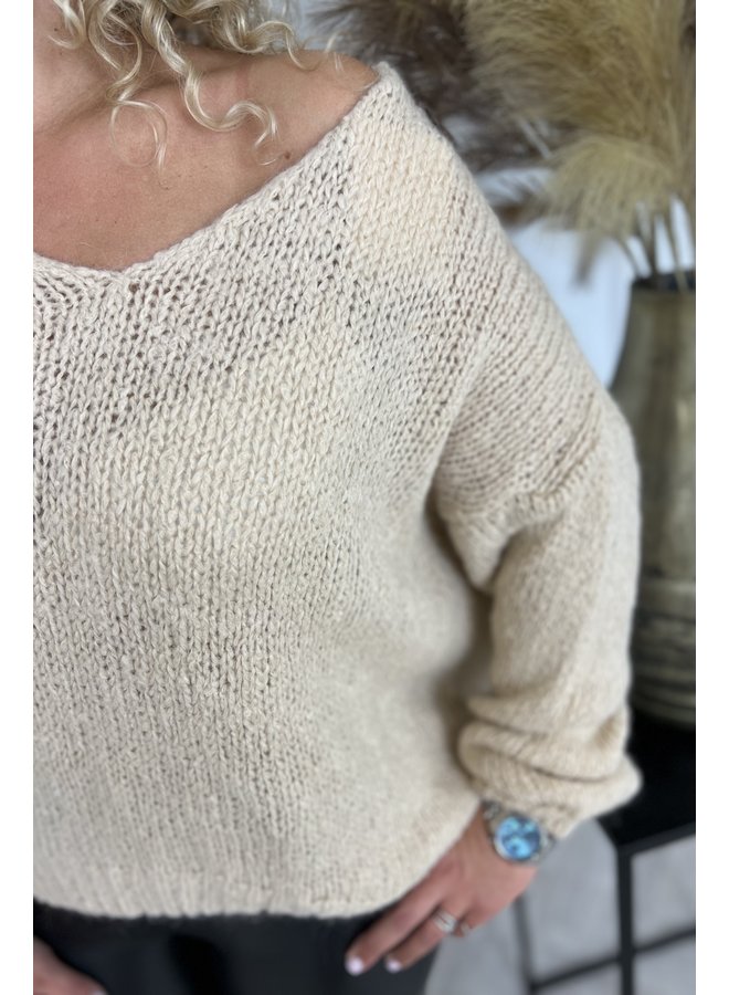 Knitted V Neck Sweater - Beige
