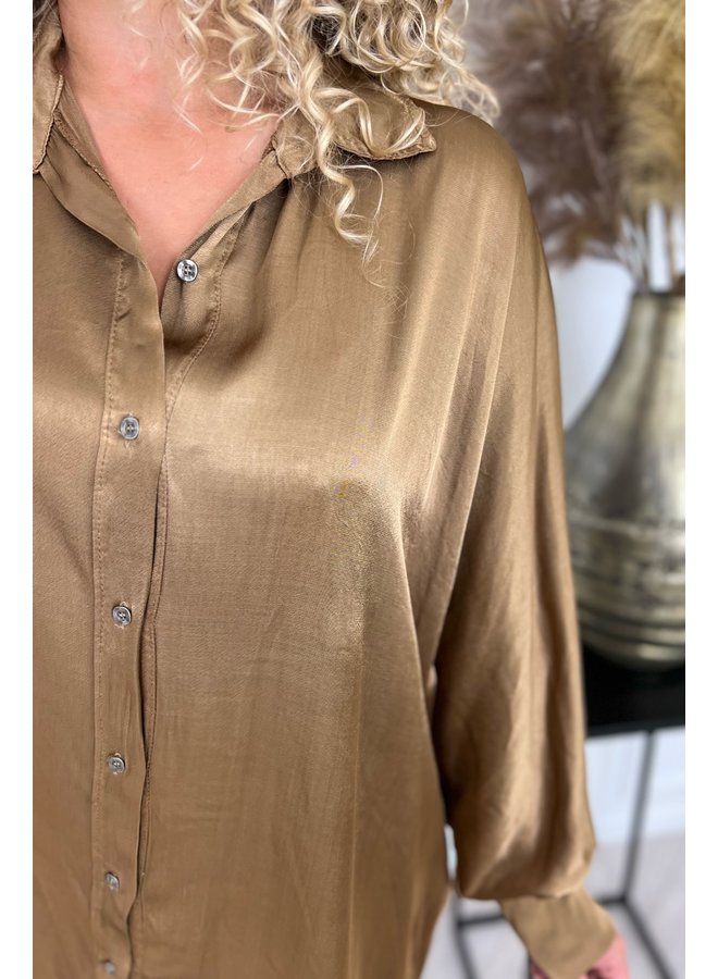 Shiny Silk Blouse Tunic - Camel