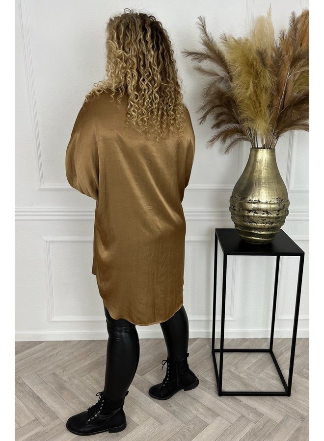 Shiny Silk Blouse Tunic - Camel