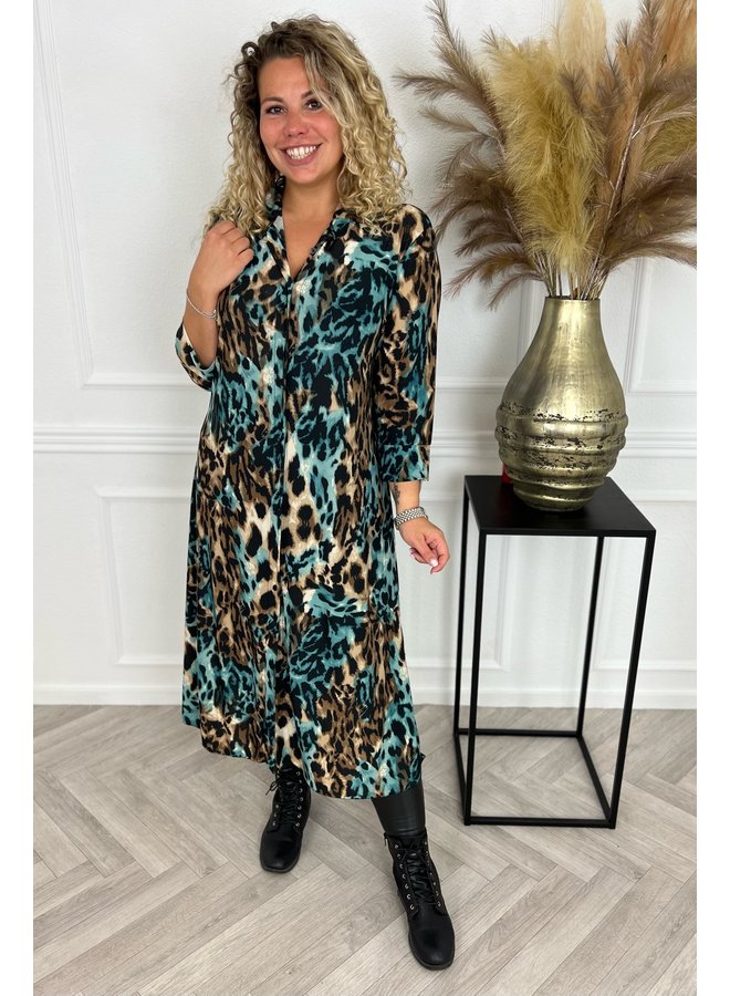 Maxi Blouse Dress - Leopard Brown/Petrol