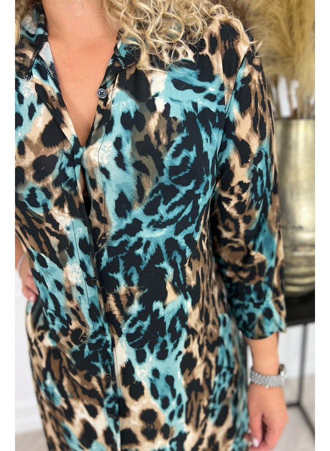 Maxi Blouse Dress - Leopard Brown/Petrol