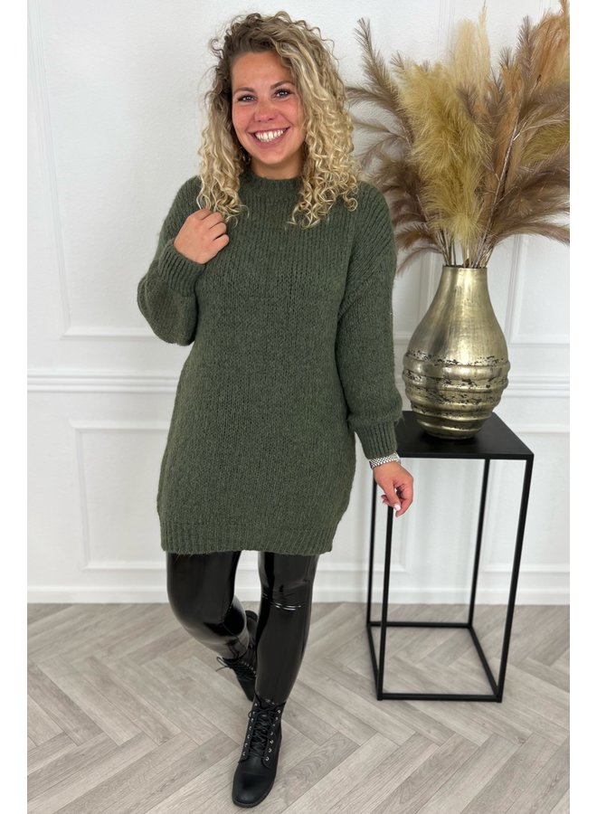 Balloon Sleeve Knitted Dress - Army Green