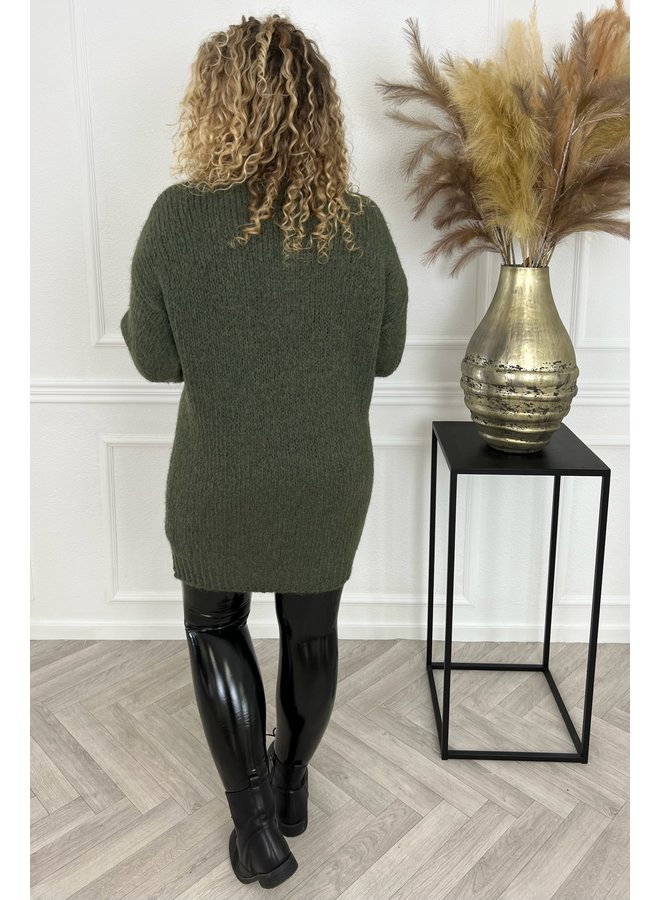 Balloon Sleeve Knitted Dress - Armygreen