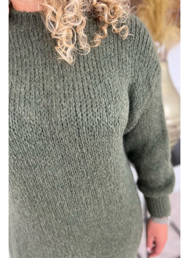 Balloon Sleeve Knitted Dress - Armygreen