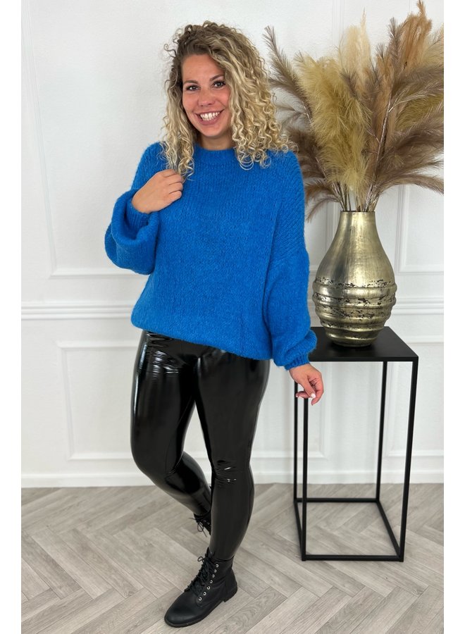 Balloon Sleeve Knitted Sweater - Blue