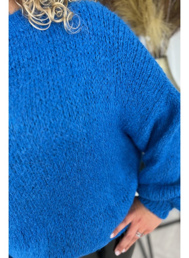 Cozy Knitted Balloon Sleeve Sweater - Blue