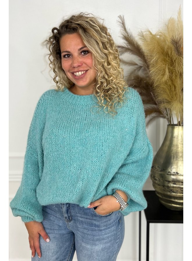 Cozy Knitted Balloon Sleeve Sweater - Turquoise