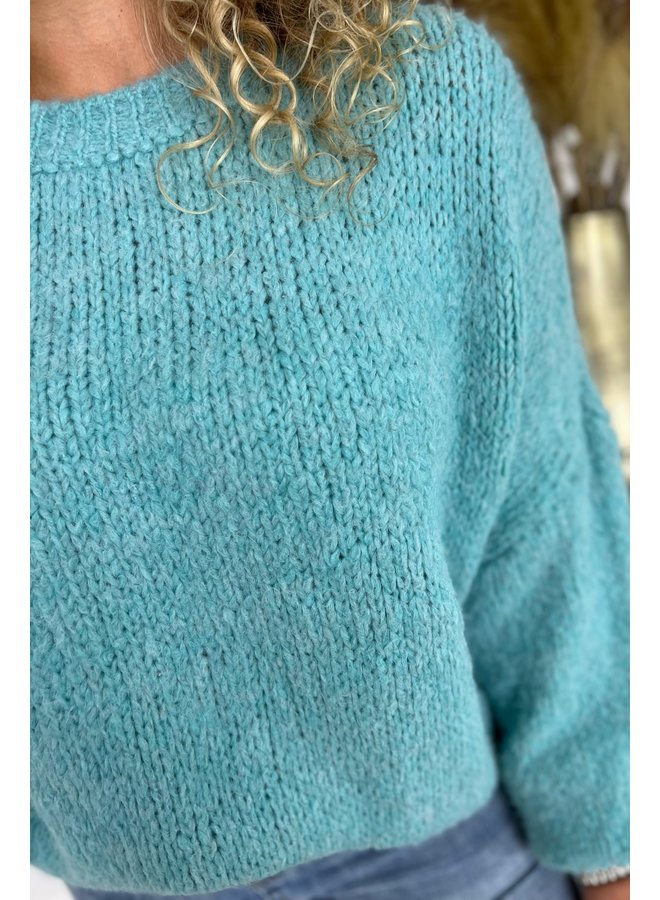 Cozy Knitted Balloon Sleeve Sweater - Turquoise