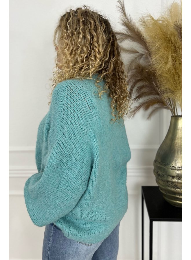 Cozy Knitted Balloon Sleeve Sweater - Turquoise