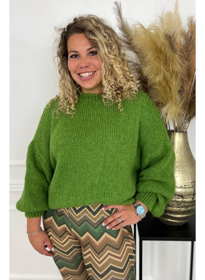 Cozy Knitted Balloon Sleeve Sweater - Green