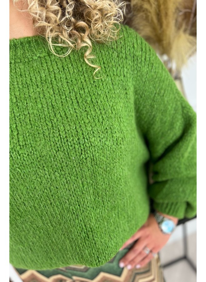 Cozy Knitted Balloon Sleeve Sweater - Green