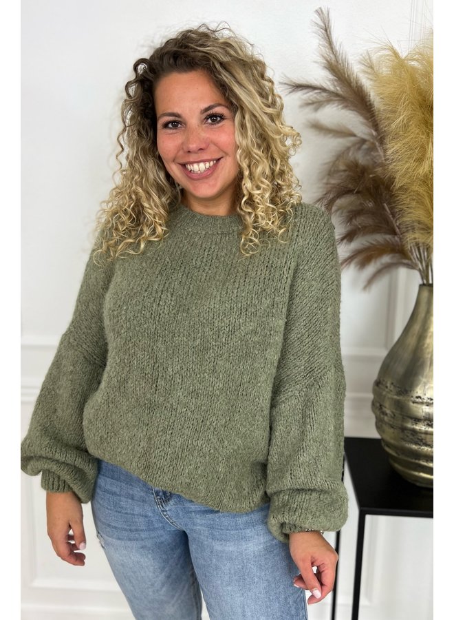 Cozy Knitted Balloon Sleeve Sweater - Olive