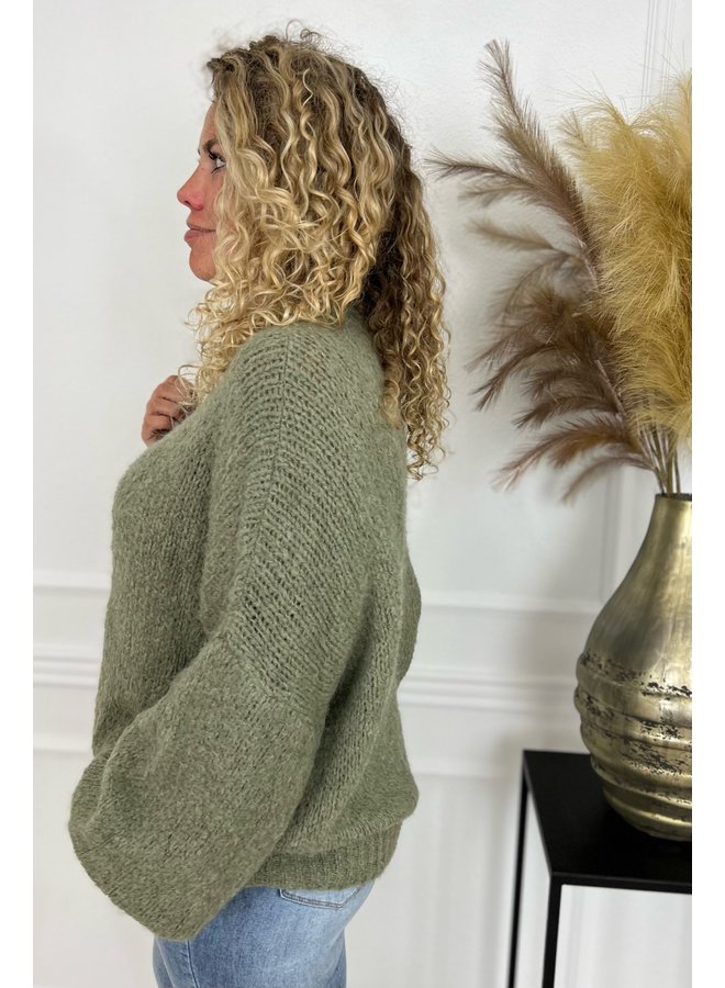 Cozy Knitted Balloon Sleeve Sweater - Olive