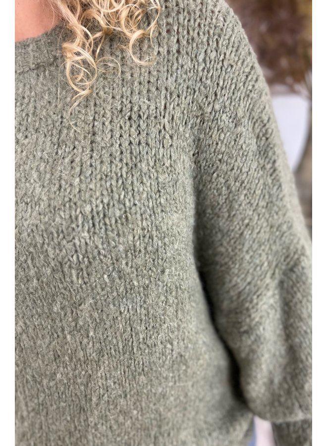 Cozy Knitted Balloon Sleeve Sweater - Olive