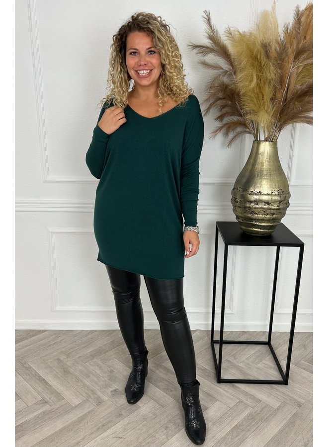 Long Cozy V Neck Sweater - Bottle Green