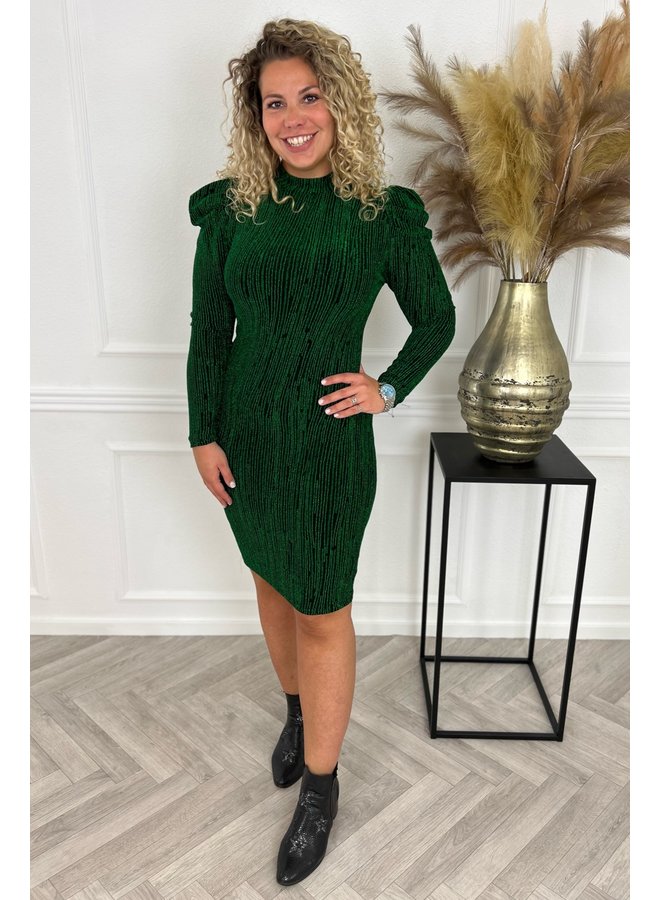 Sparkling Striped Puffy Shoulder Dress - Green