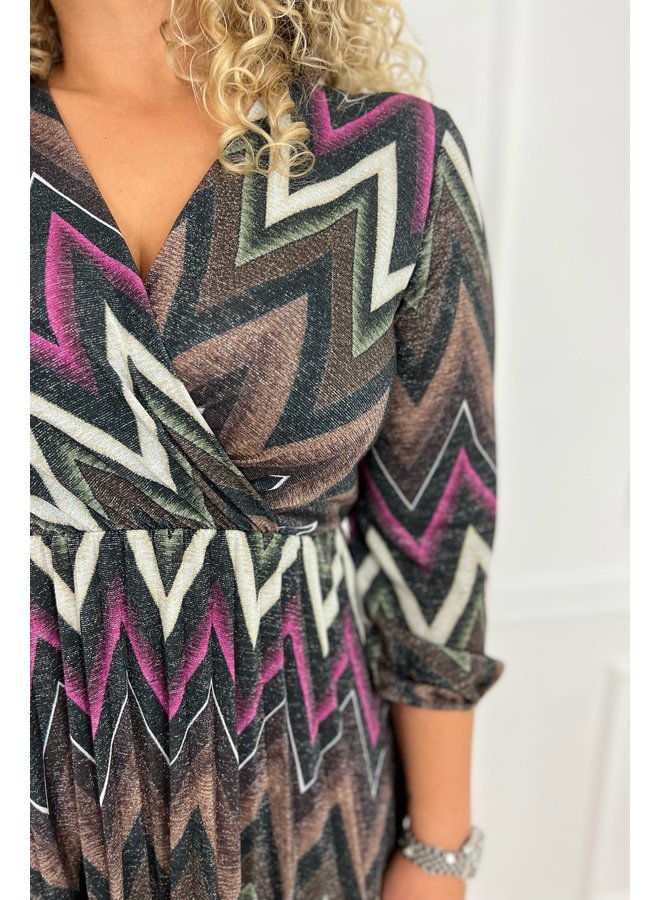 Plisse Lurex Zigzag Dress - Black/Brown/Fuchsia