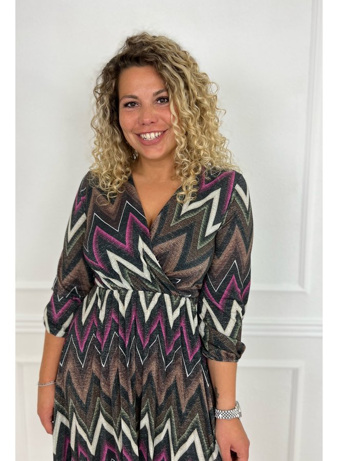 Plisse Lurex Zigzag Dress - Black/Brown/Fuchsia