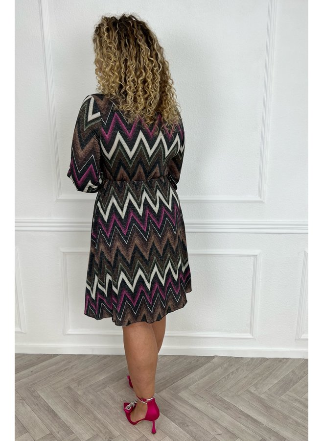 Plisse Lurex Zigzag Dress - Black/Brown/Fuchsia