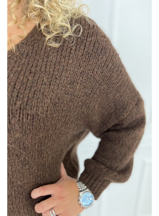 Soft Knitted V Sweater - Dark Brown