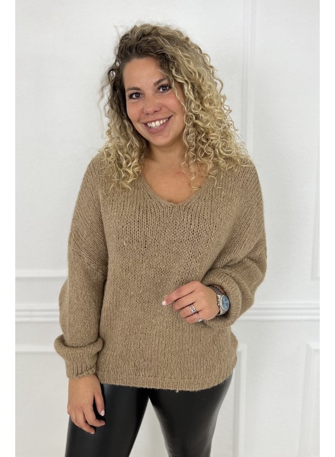 Soft Knitted V Sweater - Camel