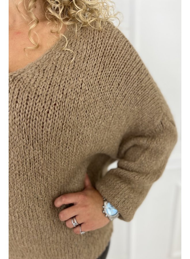 Soft Knitted V Sweater - Camel