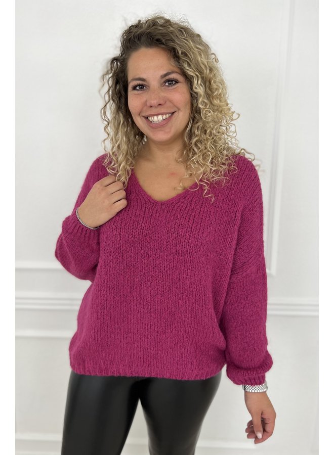 Soft Knitted V Sweater - Fuchsia