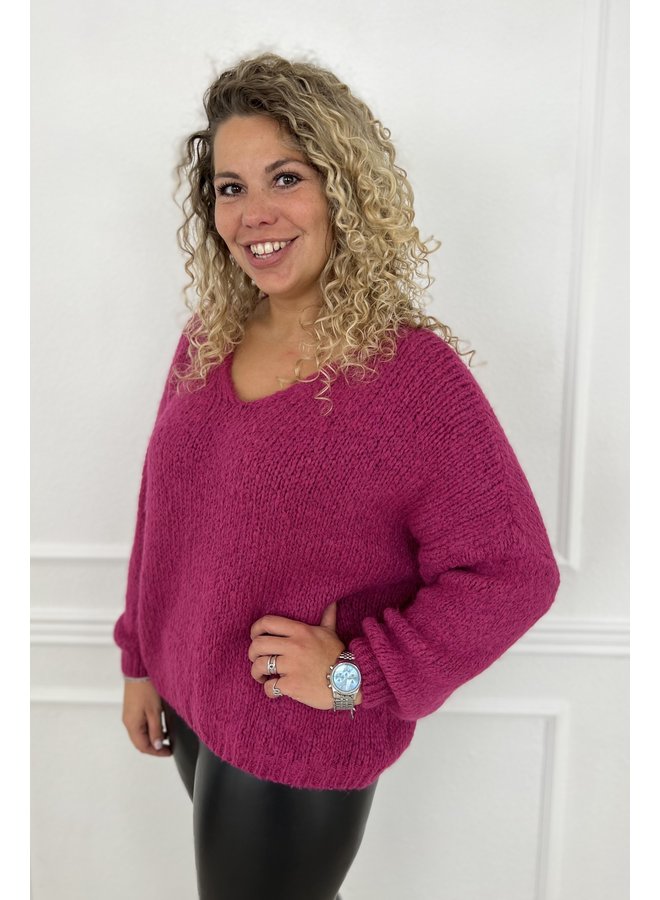 Soft Knitted V Sweater - Fuchsia