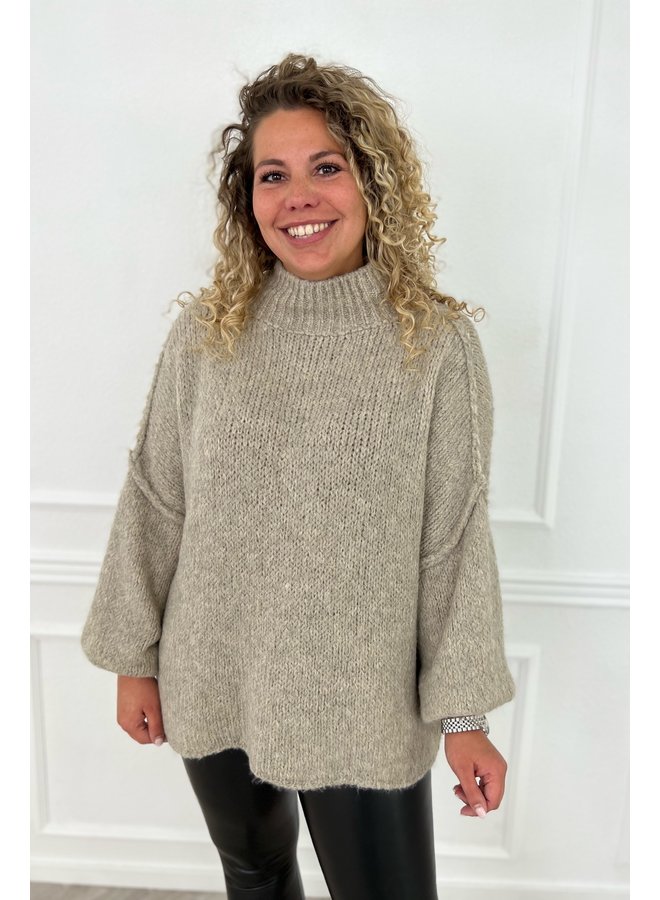 Turtle Knitted Balloon Sleeve Sweater - Beige