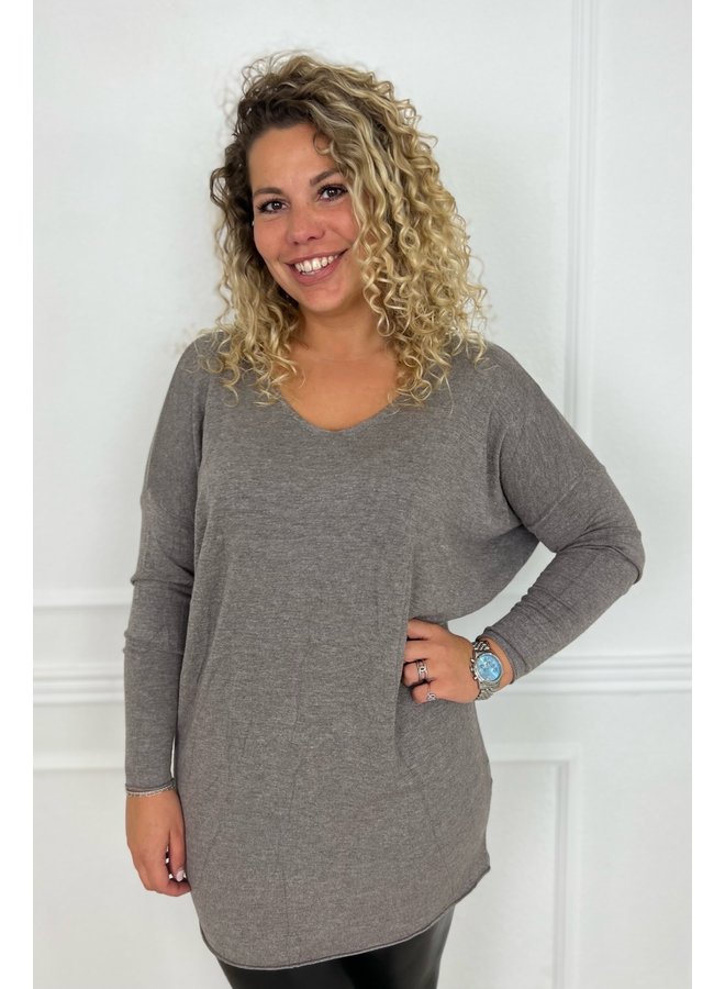 Long Cozy V Neck Sweater - Taupe