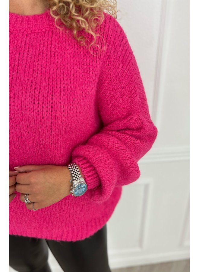 Balloon Sleeve Knitted Sweater - Fuchsia