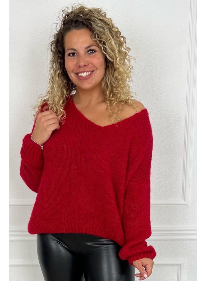 Soft Knitted V Sweater - Red