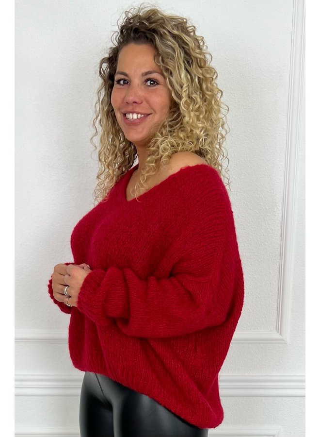 Soft Knitted V Sweater - Red