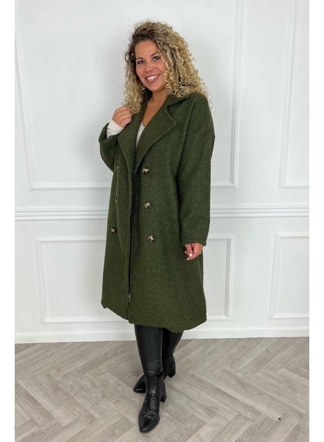 Curvy Brown Button Teddy Coat - Armygreen