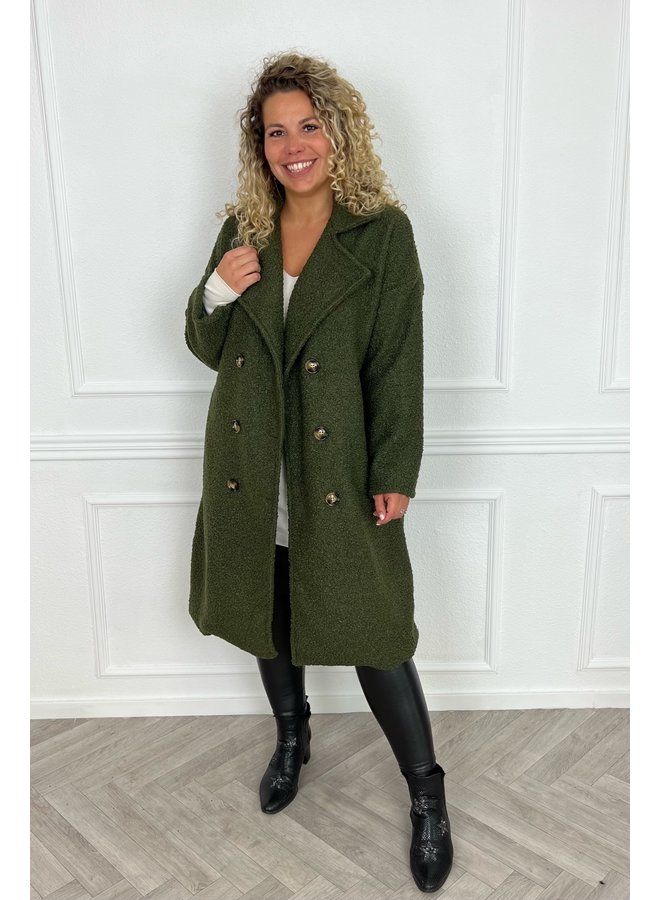 Curvy Brown Button Teddy Coat - Armygreen